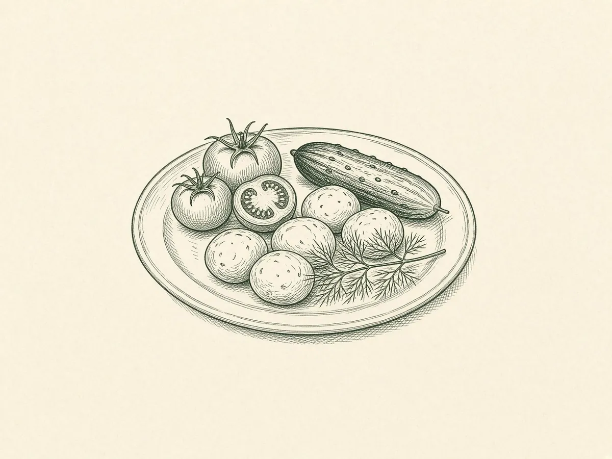 Tomater, gurka, färskpotatis och dill, tecknat.